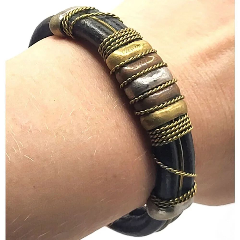 Artisan Handmade Genuine Leather, Brass, Copper and Silver Cuff Bracelet 7.5 in